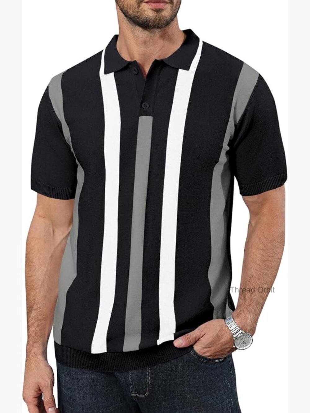 Mens Vintage Striped Polo Shirt Short Sleeve Slim Fit Knit Golf Casual Button